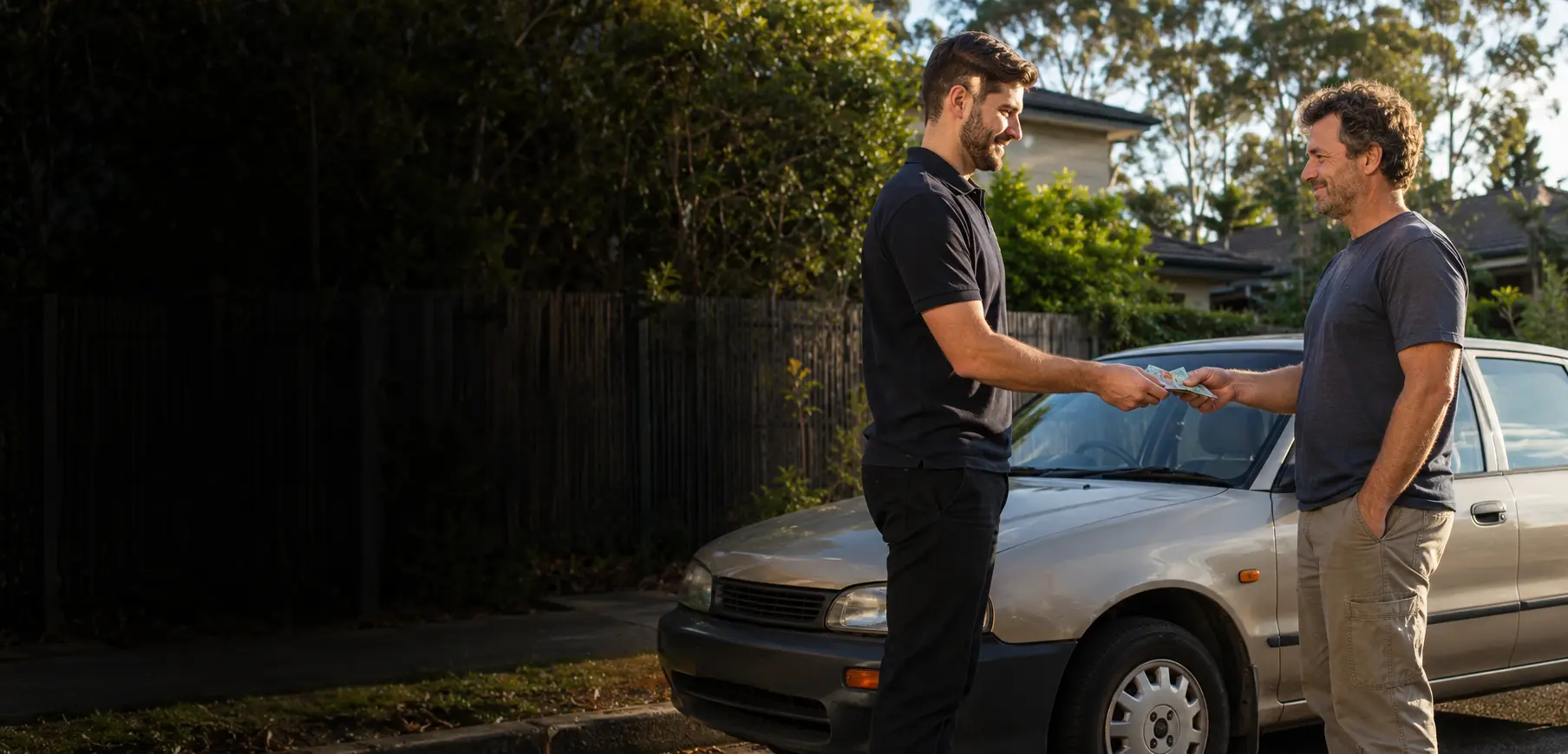 A Carbase representative handing payment to a car owner beside their vehicle